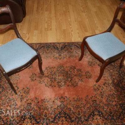MMM059 Pair of Upholstered Wooden Chairs & Wool Area Rug