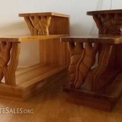 MMM002 Pair of Retro Solid Carved Wood Tropical Nightstands
