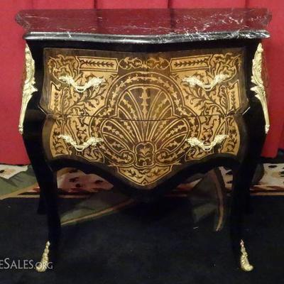 LOUIS XV STYLE MARQUETRY BOMBE CHEST WITH MARBLE TOP