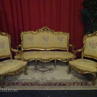 3 PIECE LOUIS XIV STYLE GOLD GILT PARLOR SUITE WITH PAIR CHAIRS AND SOFA