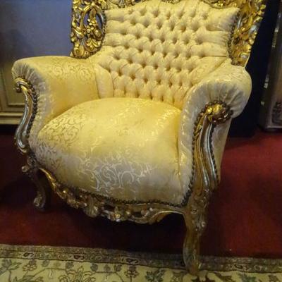 PAIR LOUIS XIV GOLD GILT ARMCHAIRS WITH GOLD UPHOLSTERY