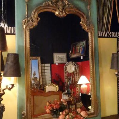 LARGE ROCOCO MIRROR, PALE BLUE AND GOLD GILT WOOD FRAME