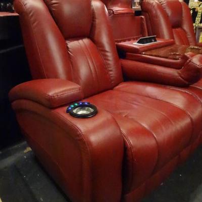 SEATCRAFT RED LEATHER ELECTRIC RECLINING SOFA WITH USB PORTS, CUPHOLDERS, 2 ELECTRIC OUTLETS, AND POP UP CENTER LIGHT IN MIDDLE HEADREST
