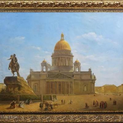 LARGE RUSSIAN OIL ON CANVAS PAINTING, ST. ISAAC'S CHURCH ST. PETERSBURG, RUSSIA