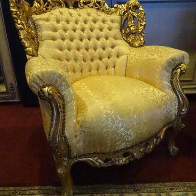 PAIR LOUIS XIV GOLD GILT ARMCHAIRS WITH GOLD UPHOLSTERY