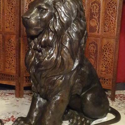 PAIR MONUMENTAL BRONZE LION SCULPTURES, 48 INCHES TALL