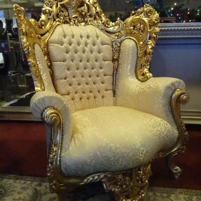 PAIR LOUIS XIV GOLD GILT THRONE CHAIRS WITH GOLD UPHOLSTERY