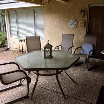 Patio table and chairs plus garden accessories