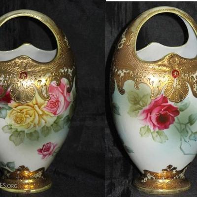 Nippon Hand Painted Porcelain Gold Encrusted Tall Basket (Picture showing photos of front & back)