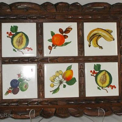 Vintage Carved Wood Oblong Tray with Fruit/Vegetable Square Tile Bottom Inserts