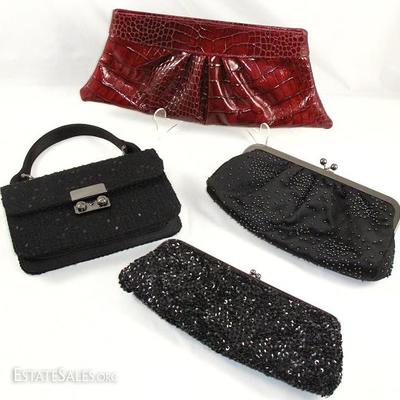 Collection of Evening Bags: Lauren Merkin (NYC) Red Faux Alligator, Ann Taylor Sequin Black Knit & Satin, Express Beaded Black Black...