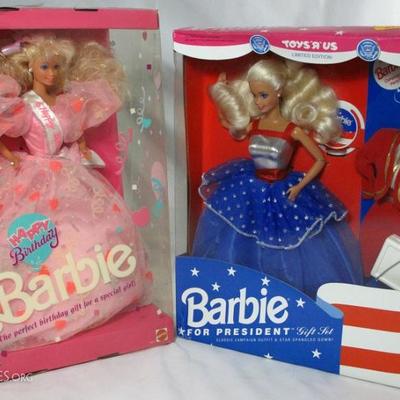 Happy Birthday 1990 Barbie in Pink Gown;  Barbie For President Gift Set - Toys R Us Limited Edition Doll - 1991 Mattel 
