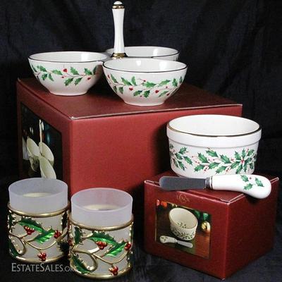 Holiday (Dimension) by Lenox: 3-Part Condiment Server, Dip Bowl & Spreader (2ea.) and Satin Glass Gold Metal Votive Candle Holders (2ea.)