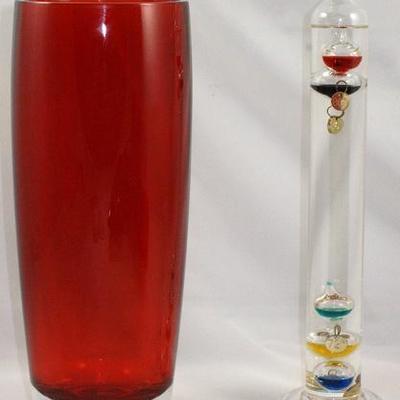 Teleflora Ruby Art Glass Vase and Glass Galileo Thermometer Weather Station by Benzara Inc.