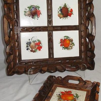 Vintage Carved Wood Small and Large Square Trays with Fruit/Vegetable Square Tile  Bottom Inserts