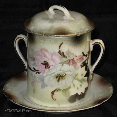 Made in Germany Hand Painted, Gold Decorated Antique 2-Handled Jar with Lid & Underplate