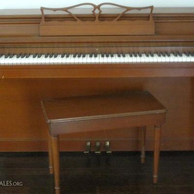 Wurlitzer Console Piano with Matching Bench made in USA in De Kalb, Ill. Measurements: Piano - 55 1/2