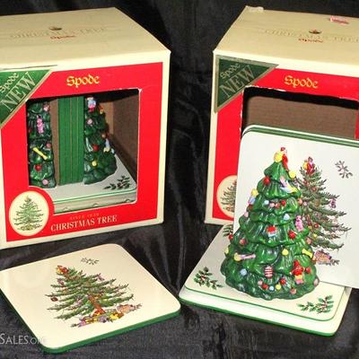 Spode Christmas Tree Coaster Set with Tree Caddy