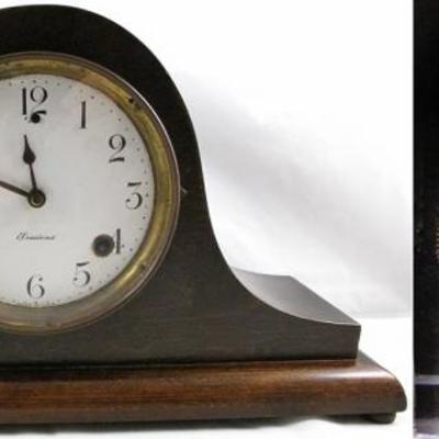 Antique Sessions Humpback Time & Strike Mantel Clock with photo of works from back.