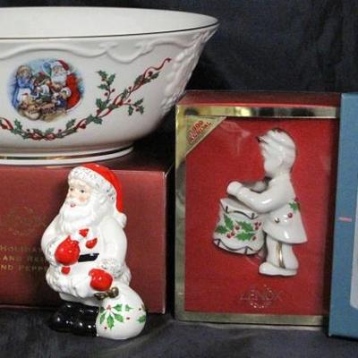 Holiday (Dimension) by Lenox:  Garland Edge Serving Bowl w/Santa Decal, 1999 Drummer Boy Ornament, 1993 Birdhouse Ornament, Lenox Holiday...