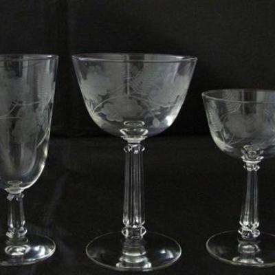Etched Cut Crystal Stemware:  Water, Iced Tea, Wine, Claret/Cocktail and Sherbet/Champagne