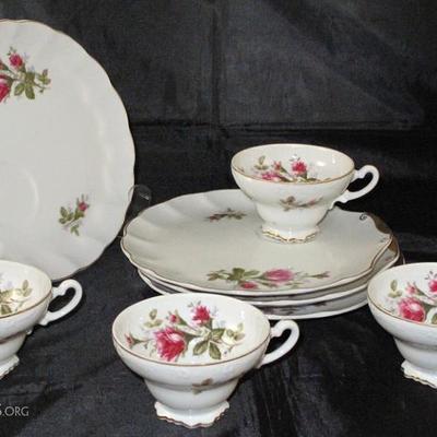 "Moss Rose"  2 Piece Snack Set Service for 4:  Snack/Dessert Plate with Cup