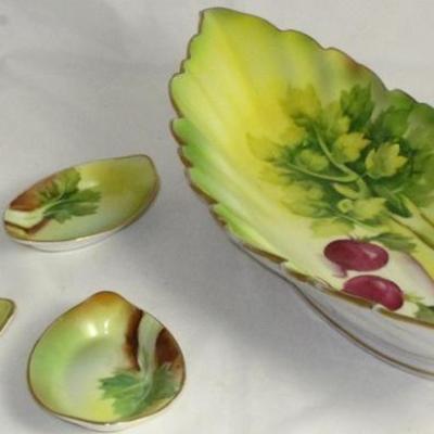 Noritake Morimura Bros (M in Wreath) Hand Painted Celery Tray with Set of 4 Matching Salts. c. 1920-1940