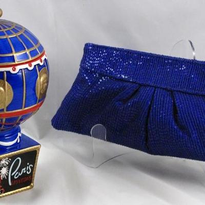 Paris/Las Vegas Ceramic Biscuit Jar and Lauren Merkin (NYC) Royal Blue Sequin Evening Bag