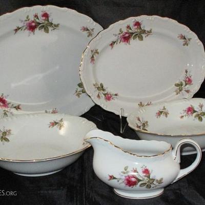 "Moss Rose" Japan Serving Pieces:  Large & Small Platters, Round Vegetable Bowl, Oval Vegetable Bowl & Gravy Boat