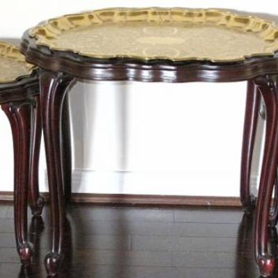 Mahogany Nesting Tables Set of 3: Scalloped Edge with Brass Trays Formed to Fit Inserts.  