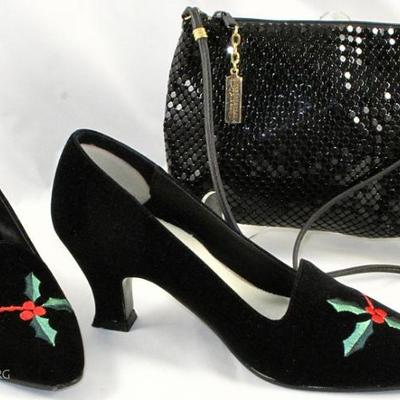 Whiting and Davis Black Shoulder Strap Handbag and Ellemenno Black Velvet Kitten Heel Holly Embroidery Pumps