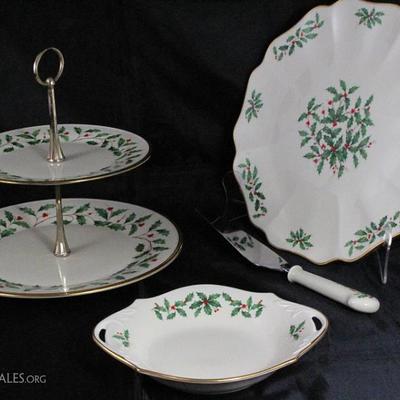 Holiday (Dimension) by Lenox: 2 Tiered Serving Tray (Dinner & Salad Plate), Scalloped Cake Plate with Porcelain Handle Stainless Pastry...