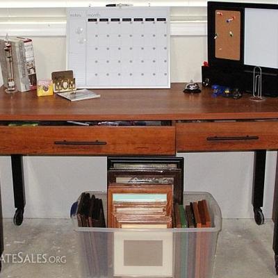 Cherry Finish 2-Drawer Desk/Work Table with Black Legs on Casters