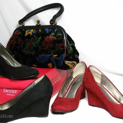 Dexter Suede Wedges in Red and Black Shown with a Vintage Black Leather Trim Cut Velvet Floral Tapestry Handbag