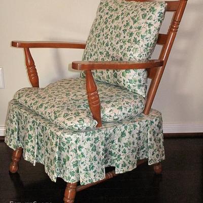 Vintage Maple Platform Rocker Skirted Arm Chair upholstered in a Waverley Ivy Pattern Fabric with Loose Back & Seat Cushions