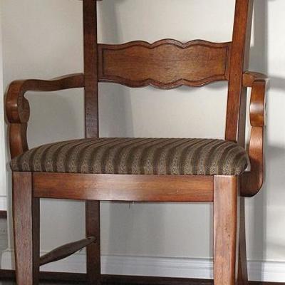 Antique Empire Regency Oak Arm Chair with a Green Striped Upholstered Seat