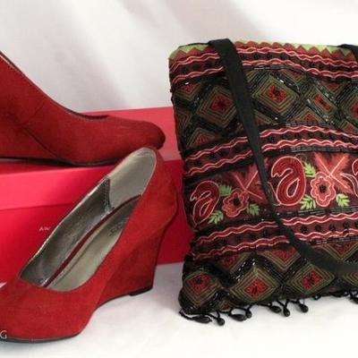 Dexter Red Suede Wedges shown with Embroidery Beaded Satin Lined Messenger Bag
