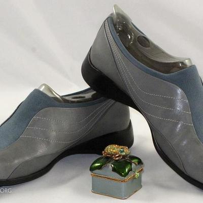 Nine West Smith Gray Leather with Blur Stretch Insert for easy Slip-on Shown with an Enameled Swarovski Crystal Embellished Trinket Box