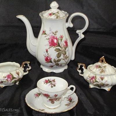 "Moss Rose" Demitasse Coffee Service:  Coffee Pot, Creamer & Sugar w/Lid and 12 Cups & Saucers