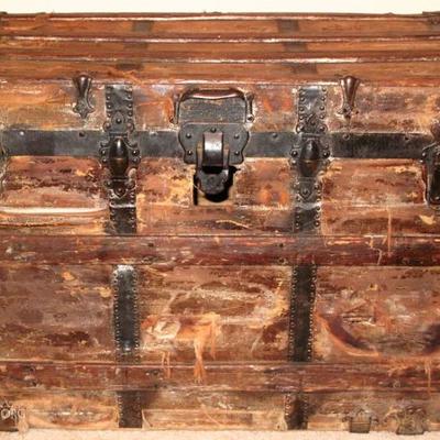 Antique Flat Top Wood Trunk with Metal Bands & Binding
