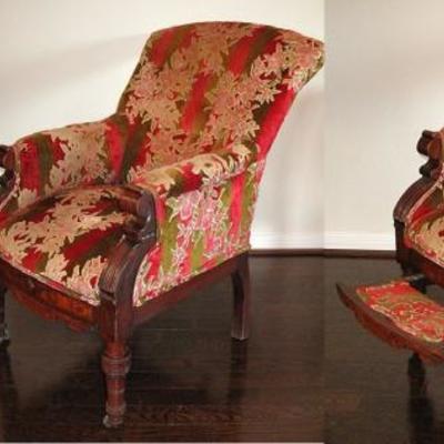 RARE Awesome Antique Easy Chair/Lounger with Pull-out Foot Rest with Cut Velvet Upholstery