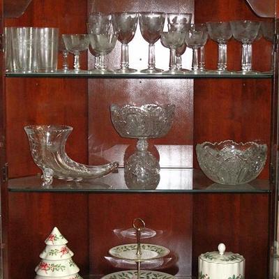 Corner Cabinet Upper Interior showing Etched Cup Crystal Stemware and Tumblers, Cut Crystal Cornucopia, Hofbauer 