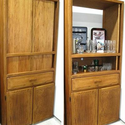 Oak all Wood Louvered Door Cabinet:  View Open and Closed