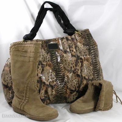 Simply Vera by Vera Wang Faux Snake Skin Large Tote Bag and Nine West Suede Boots (size 5 1/2)