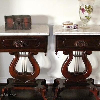 Victorian Style Mahogany Marble Top Lyre Base End Tables with Rose Carved Drawer Pulls (2 ea.)