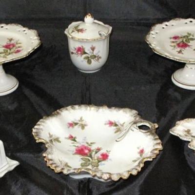 "Moss Rose" Rosemarie, Ucago, etc. Made in Japan  Misc. Serving Pieces:  Pedestal Tidbit Tray (2 ea.) Jam/Marmalade Jar, 1/4...