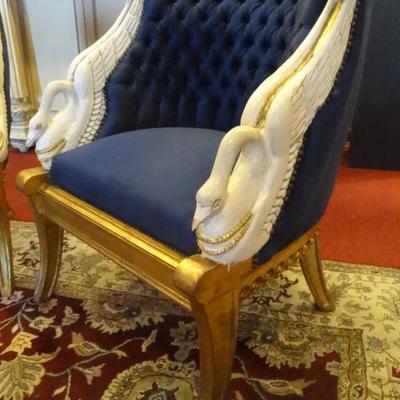 PAIR FRENCH EMPIRE STYLE GILT AND PAINTED SWAN ARM CHAIRS WITH BLUE VELVET UPHOLSTERY