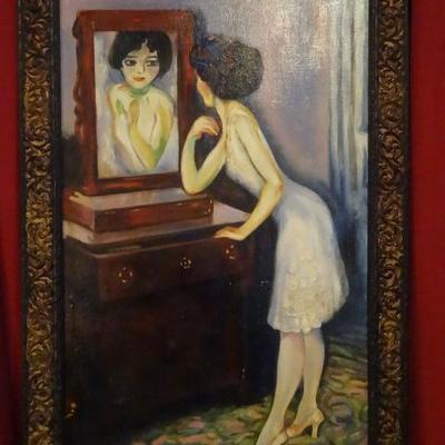 LARGE AFTER KEES VAN DONGEN OIL ON CANVAS PAINTING, GIRL BEFORE A MIRROR