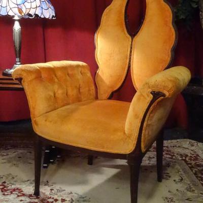 PAIR 1940's LATE DECO BUTTERFLY BACK ARMCHAIRS IN TANGERINE UPHOLSTERY