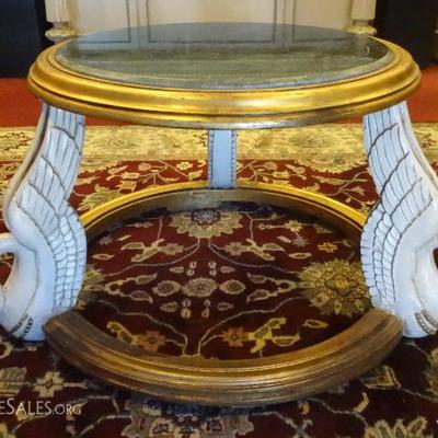 FRENCH EMPIRE STYLE GILT AND PAINTED SWAN LEG TABLE WITH MARBLE TOP